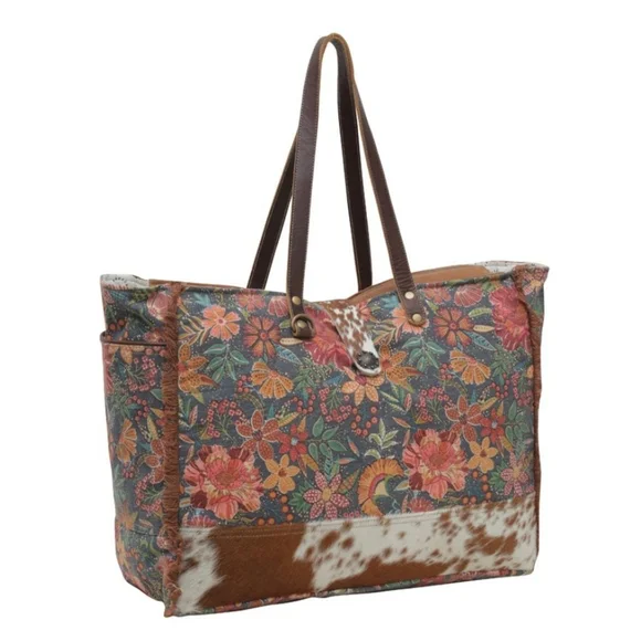NWT Myra Bag Boho Leather & Floral Canvas Weekender Travel Bag - Picture 3 of 10
